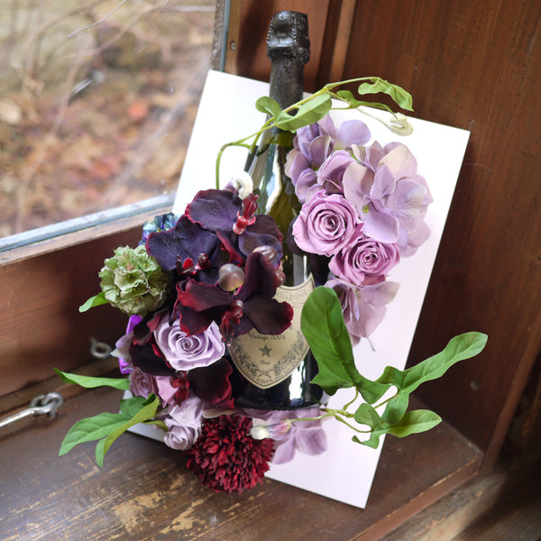 昇進祝い 社長就任祝い 古希祝いにおすすめ! ドンペリとプリザーブドフラワーの額縁アレンジ (パープル レッド)