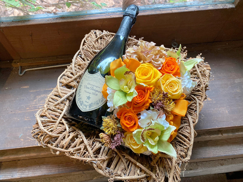 社長就任お祝、会社設立お祝におすすめ!シャンパン ドンペリとプリザーブドフラワーのセット(イエロー)