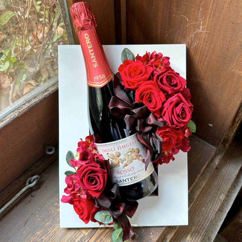 還暦祝い、誕生日お祝いに!赤いスパークリングワイン(天使のロッソ)とプリザーブドフラワーの額縁アレンジ