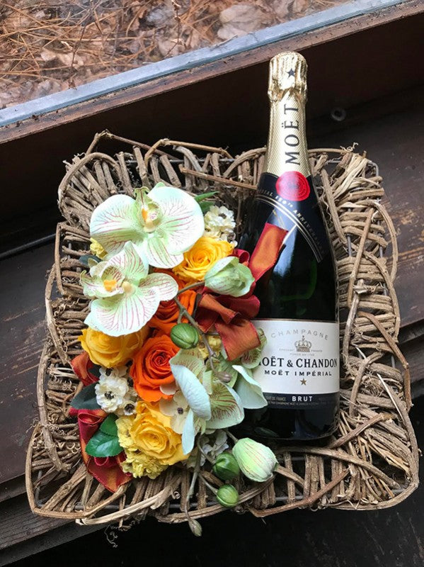 綬章祝い 社長就任祝い[お酒とお花ギフト]シャンパンモエ フルボトルと